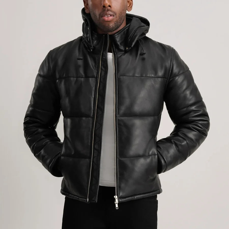 Men’s Gordon black leather puffer jacket worn open with drawstring hood and stand-up collar