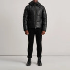 Men’s Gordon black quilted leather puffer jacket with straight hem, full length