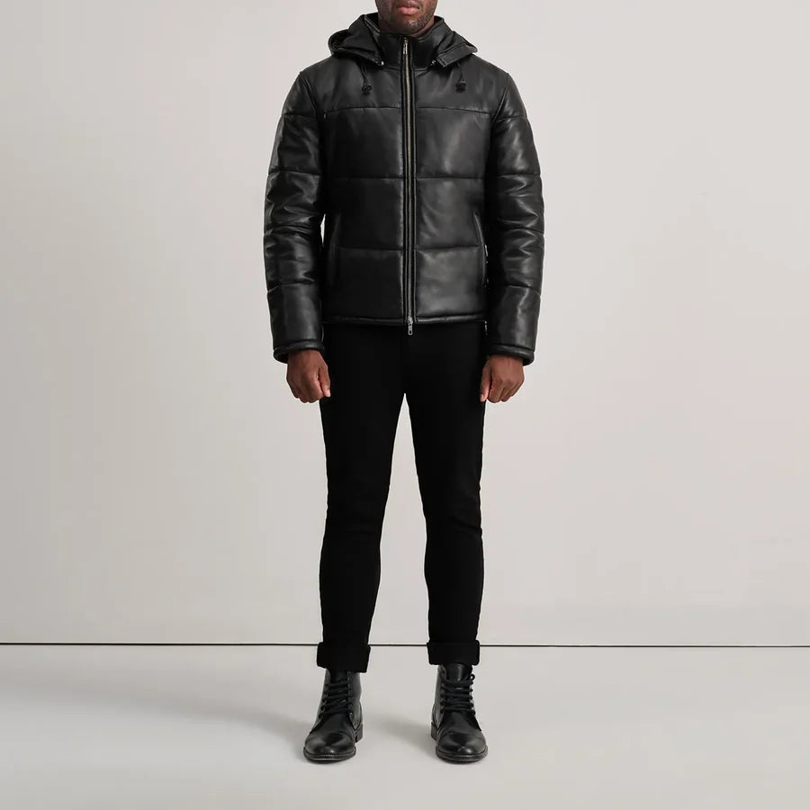 Men’s Gordon black quilted leather puffer jacket with straight hem, full length