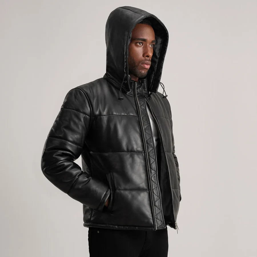 Men’s Gordon black hooded leather puffer jacket with padded sleeves, angled
