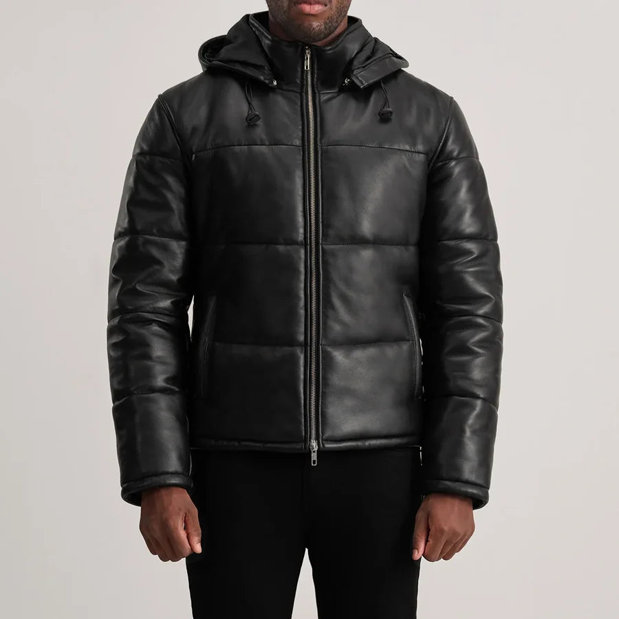 Men’s Gordon black hooded leather puffer jacket with quilted panels and front zipper
