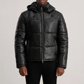 Men’s Gordon black hooded leather puffer jacket with quilted panels and front zipper