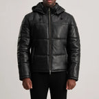 Men’s Gordon black hooded leather puffer jacket with quilted panels and front zipper