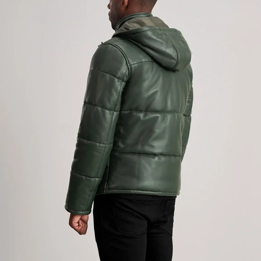 Men’s Gordon green leather puffer jacket with hood and padded sleeve