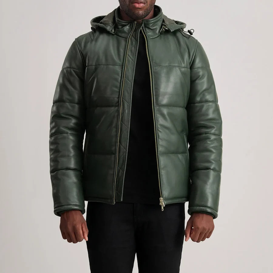 Men’s Gordon green hooded leather puffer jacket with quilted panels and front zipper