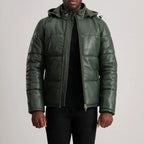 Men’s Gordon green hooded leather puffer jacket with quilted panels and front zipper