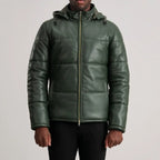 Men’s Gordon green quilted leather puffer jacket zipped up with stand-up collar