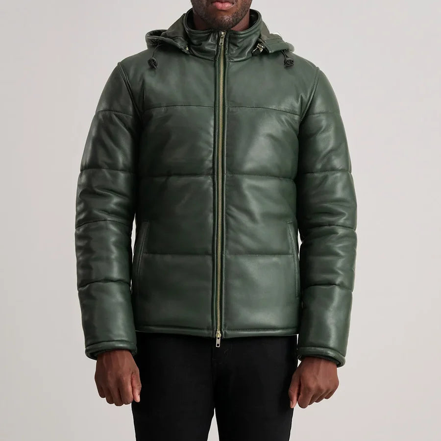 Men’s Gordon green quilted leather puffer jacket zipped up with stand-up collar