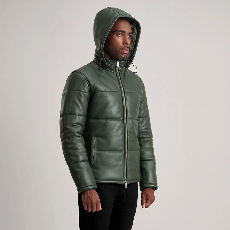Men’s Gordon green leather puffer jacket with drawstring hood up, angled