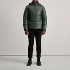 Men’s Gordon green hooded leather puffer jacket with straight hem, full length