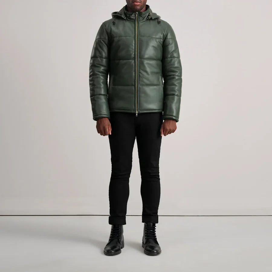 Men’s Gordon green hooded leather puffer jacket with straight hem, full length