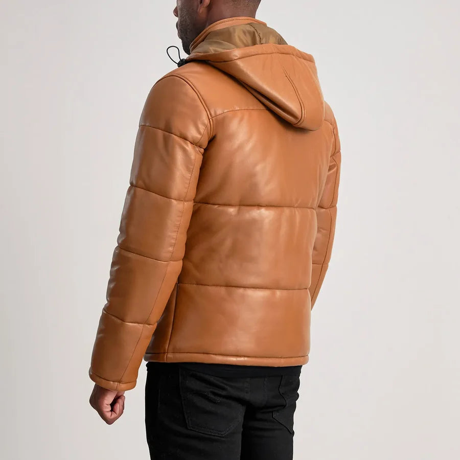 Men’s Gordon tan hooded leather puffer jacket with quilted back panels