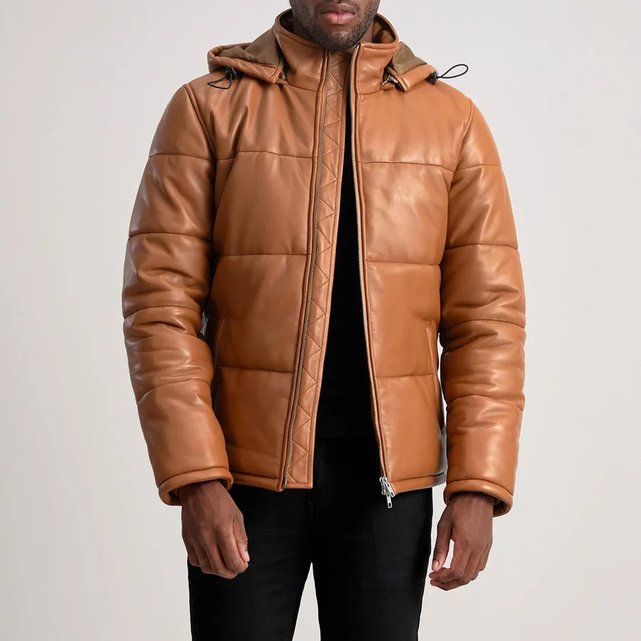 Men’s Gordon tan hooded leather puffer jacket worn open with quilted panels