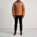 Men’s Gordon tan hooded leather puffer jacket with straight hem, full length