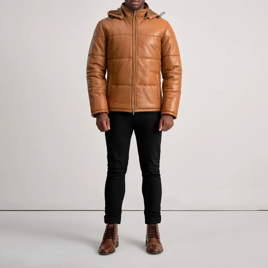 Men’s Gordon tan hooded leather puffer jacket with straight hem, full length