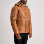 Men’s Gordon tan quilted leather puffer jacket with drawstring hood, angled