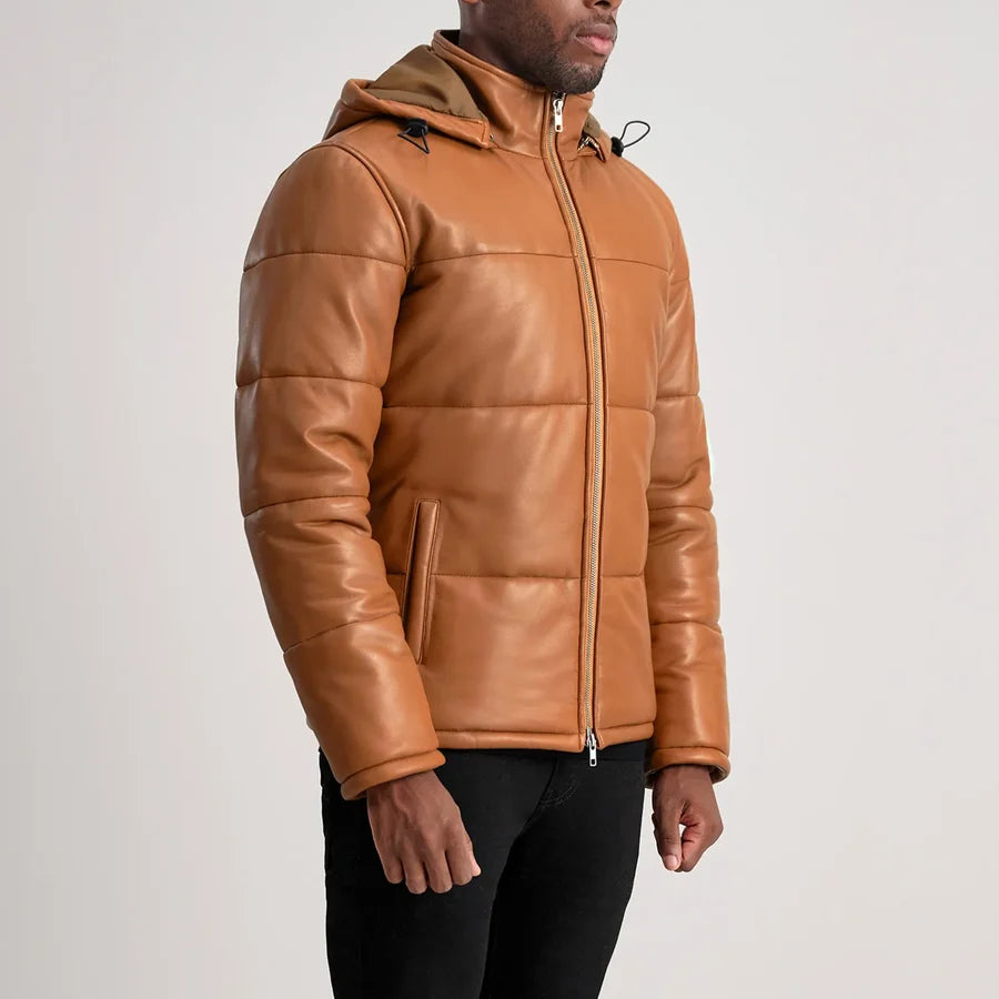 Men’s Gordon tan quilted leather puffer jacket with drawstring hood, angled