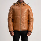Men’s Gordon tan leather puffer jacket zipped up with padded sleeves and hood