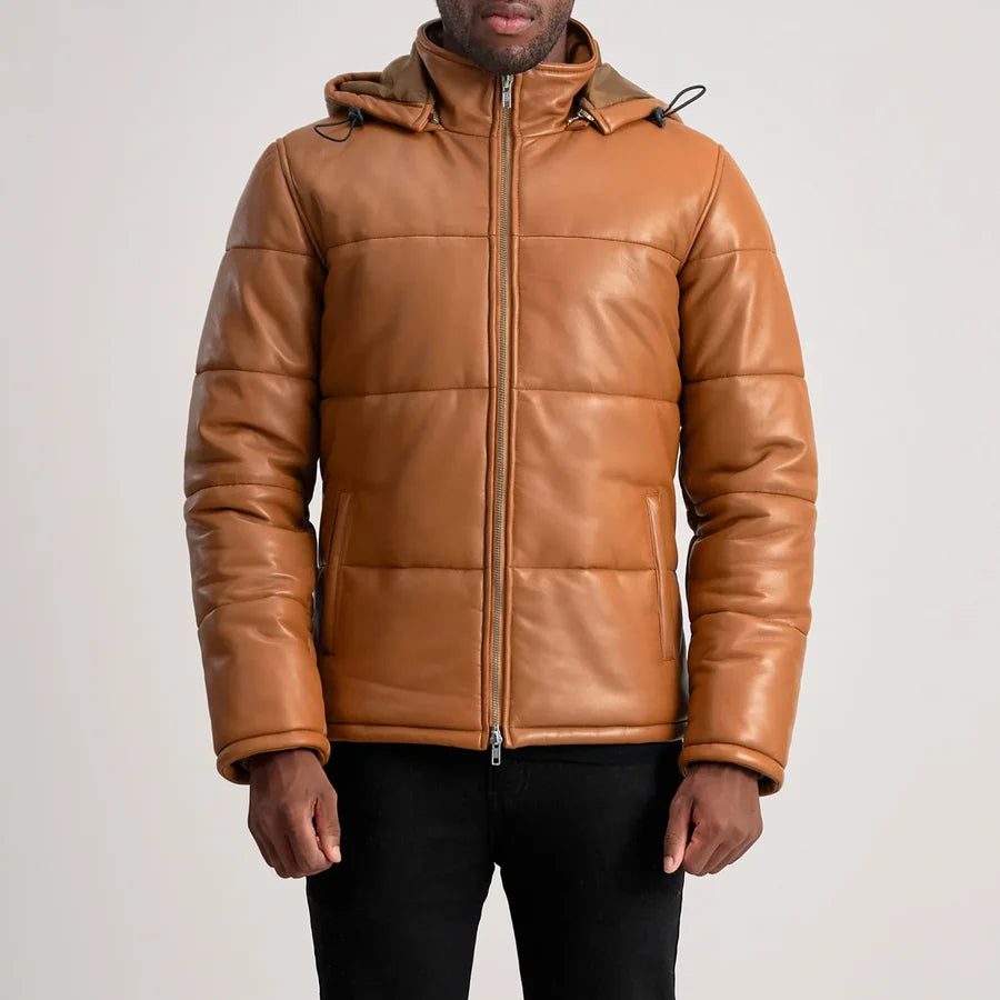 Men’s Gordon tan leather puffer jacket zipped up with padded sleeves and hood