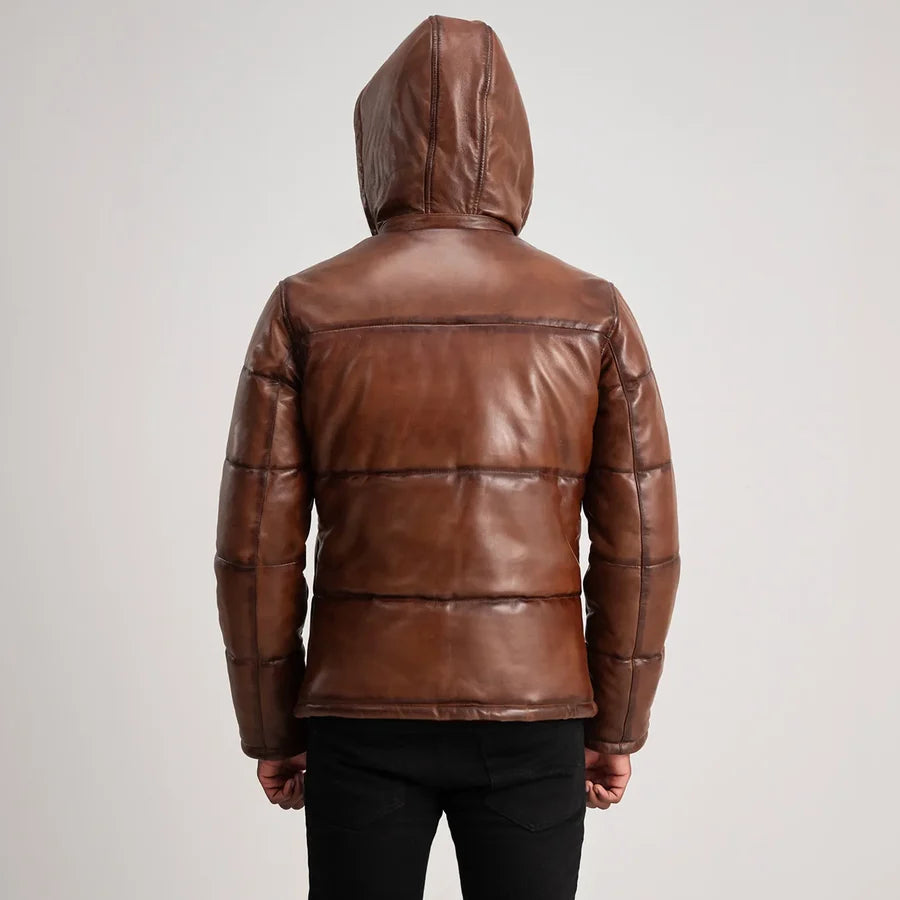 Men’s Gordon brown hooded leather puffer jacket with quilted back and hood