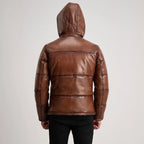 Men’s Gordon brown hooded leather puffer jacket with quilted back and hood
