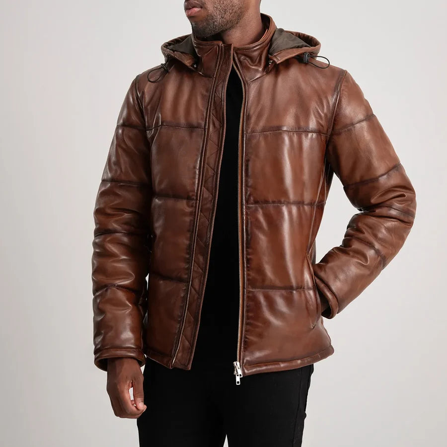 Men’s Gordon brown hooded leather puffer jacket worn open with burnished finish