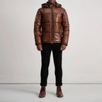 Men’s Gordon brown quilted leather puffer jacket with straight hem, full length