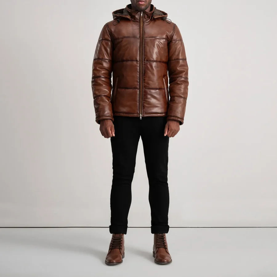 Men’s Gordon brown quilted leather puffer jacket with straight hem, full length
