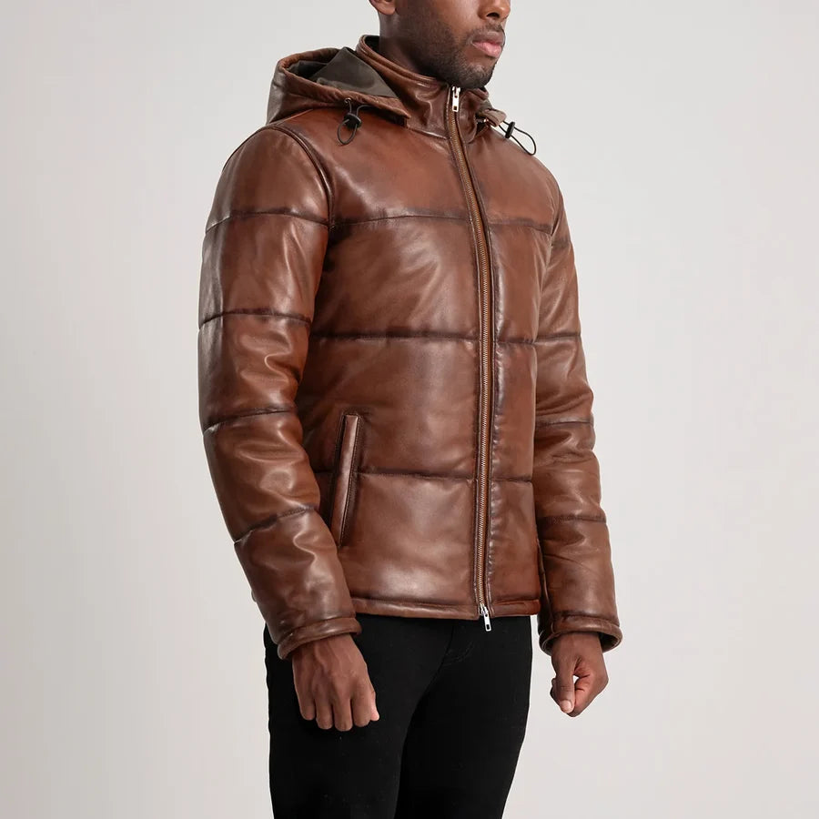 Men’s Gordon brown burnished leather puffer jacket with drawstring hood, angled 