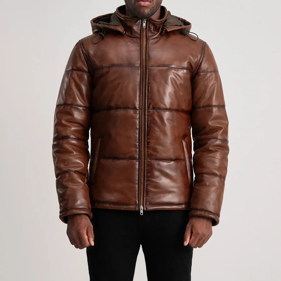 Men’s Gordon brown hooded leather puffer jacket zipped up with quilted panels