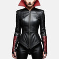 Women's Grimora vampire black leather jacket with red flared collar, quilted shoulders, red cuffs and front zipper