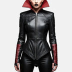 Women's Grimora vampire black leather jacket with red flared collar, quilted shoulders, red cuffs and front zipper