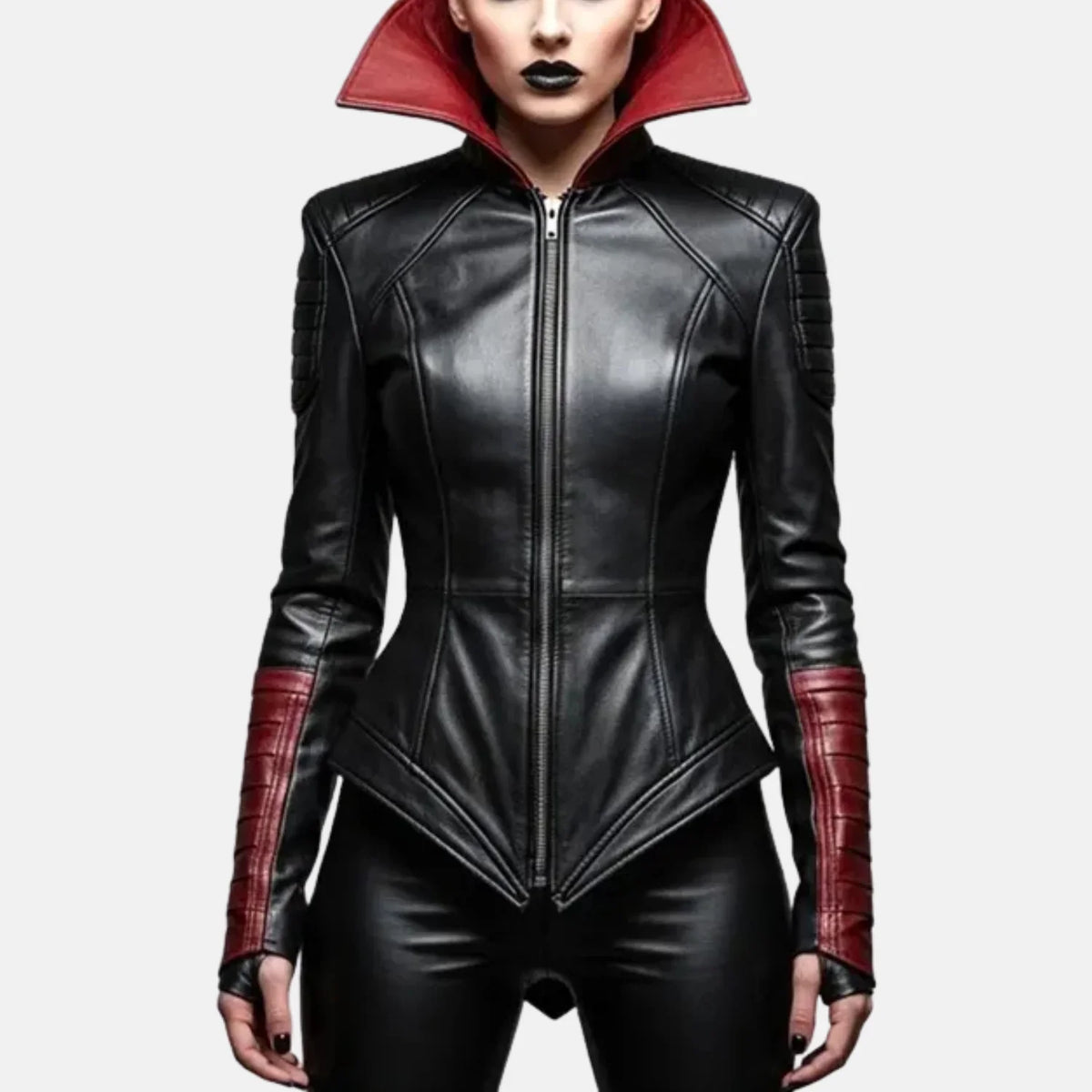 Women's Grimora vampire black leather jacket with red flared collar, quilted shoulders, red cuffs and front zipper