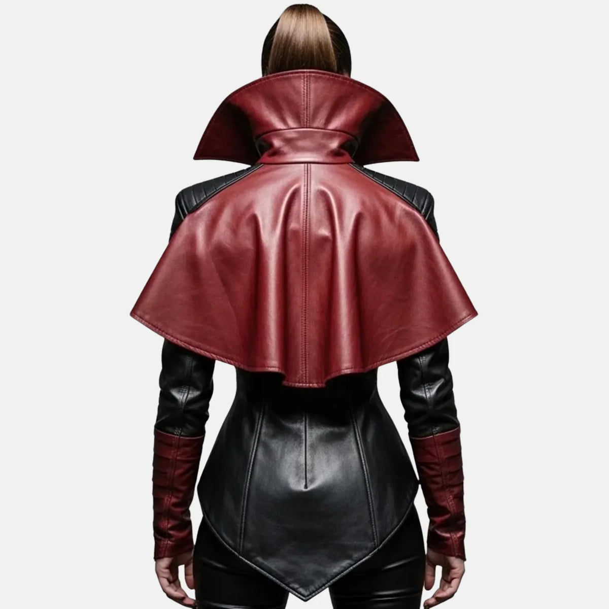 Women's Grimora vampire black leather jacket with fitted waist, quilted shoulders and pointed hem