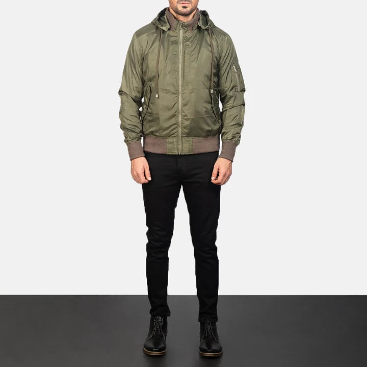 Hanklin Ma-1 green hooded bomber jacket full body styling with jeans