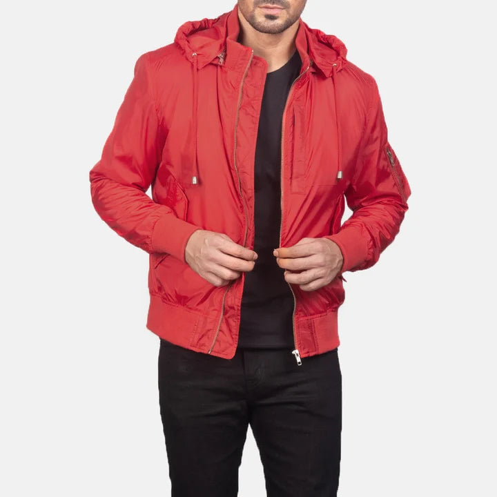 Hanklin Ma-1 red hooded bomber jacket front view on model