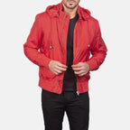 Hanklin Ma-1 red hooded bomber jacket front view on model