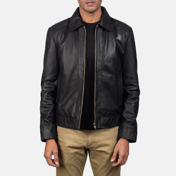 Men's black leather jacket front view with collar and zipper closure