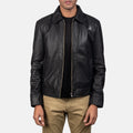 Men's black leather jacket front view with collar and zipper closure
