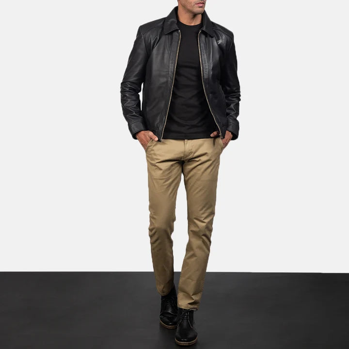 Inferno black leather jacket full body styling with khaki pants