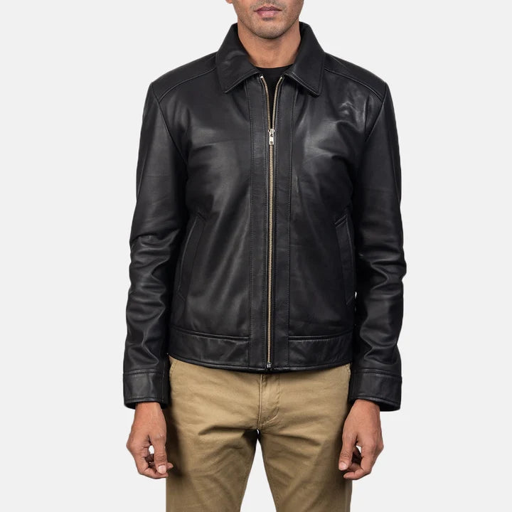 Inferno black leather jacket front view on model