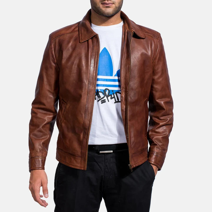 Men's brown leather jacket front view with collar and zipper closure