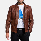 Men's brown leather jacket front view with collar and zipper closure