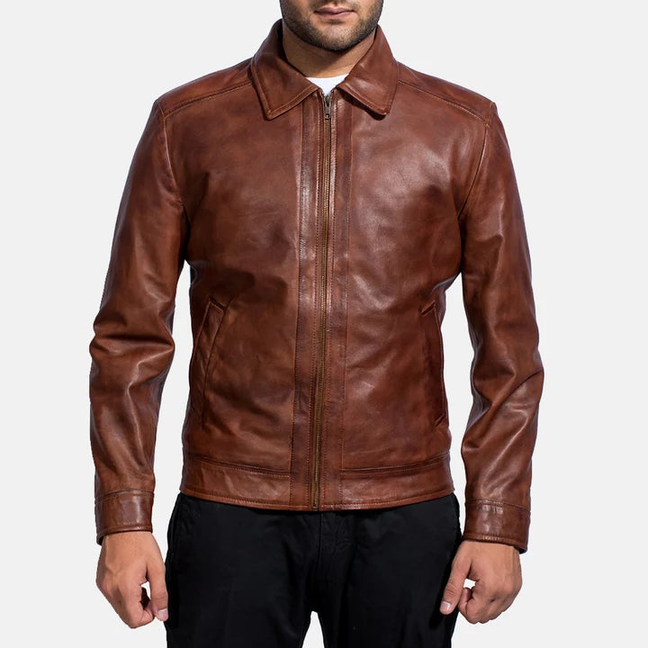 Inferno brown leather jacket front view on model