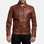 Inferno brown leather jacket front view on model
