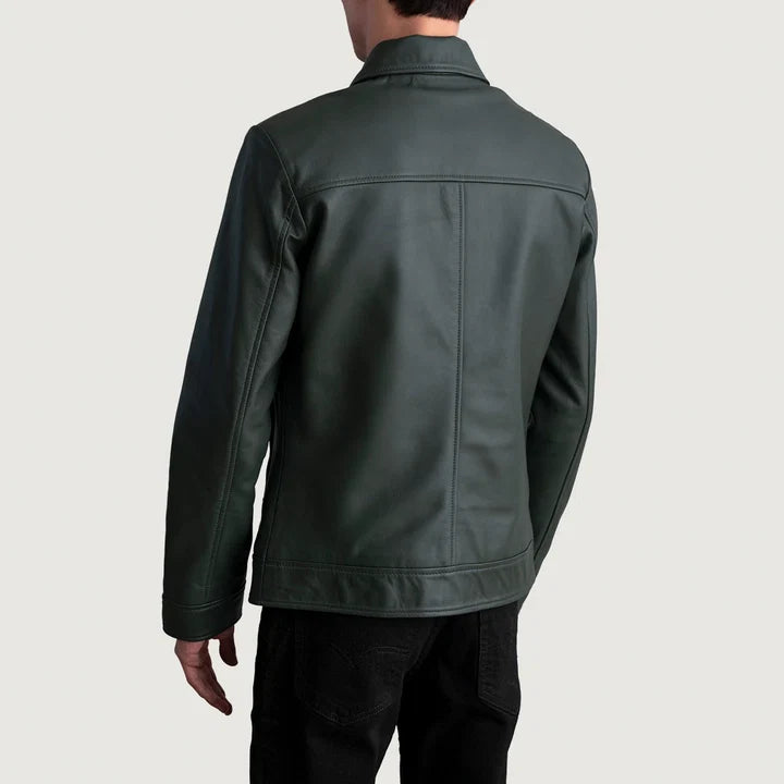 Inferno green leather jacket side view full body