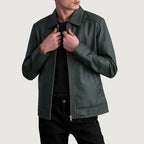 Men's green leather jacket back view with collar detail