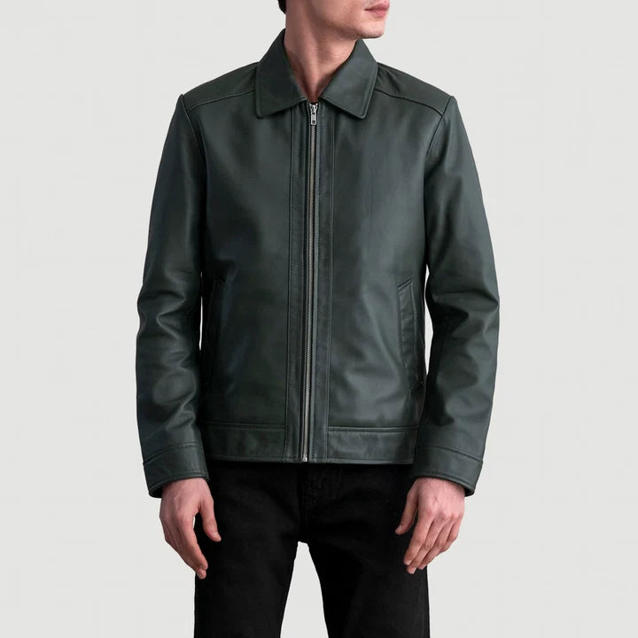 Inferno green leather jacket close-up front detail