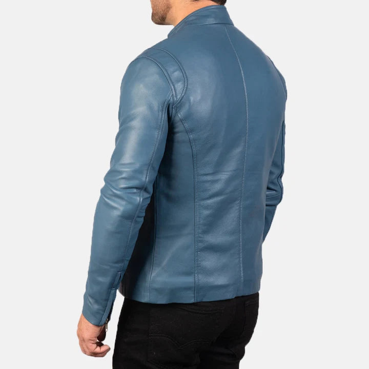 Ionic blue leather biker jacket side profile close-up