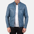 Men's blue leather biker jacket back view with collar detail